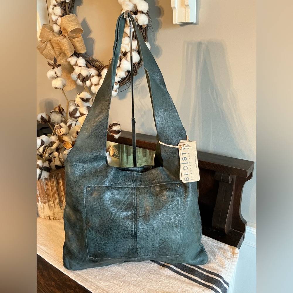 Bed Stu Green and Blue Leather Hobo Bag with Slouchy Design